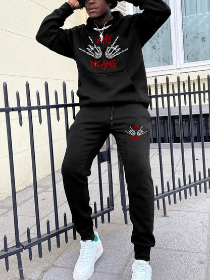 Herren Hoodie Set mit Skelett Motiv Jogginghose Grau - BerlinGlamour
