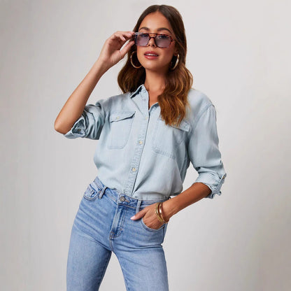 Damen Denim Hemd Umschlagbare Ärmel Zwei Taschen Modern
