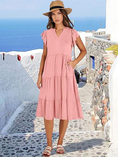 Damen Maxikleid mit Rüschendetails und Taschen Sommerkleid