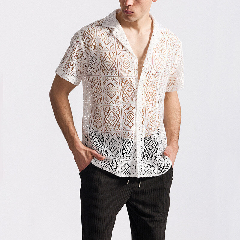 Herren Spitzenhemd Kurzarm Floralmuster Durchbrochen