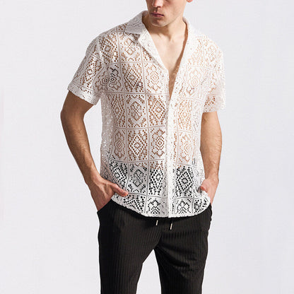 Herren Spitzenhemd Kurzarm Floralmuster Durchbrochen