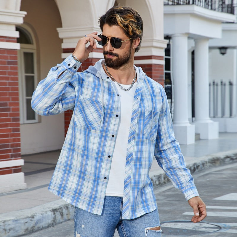 Herren Karo Bluse Lässig mit Kapuze und Brusttaschen