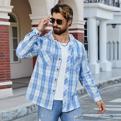 Herren Karo Bluse Lässig mit Kapuze und Brusttaschen