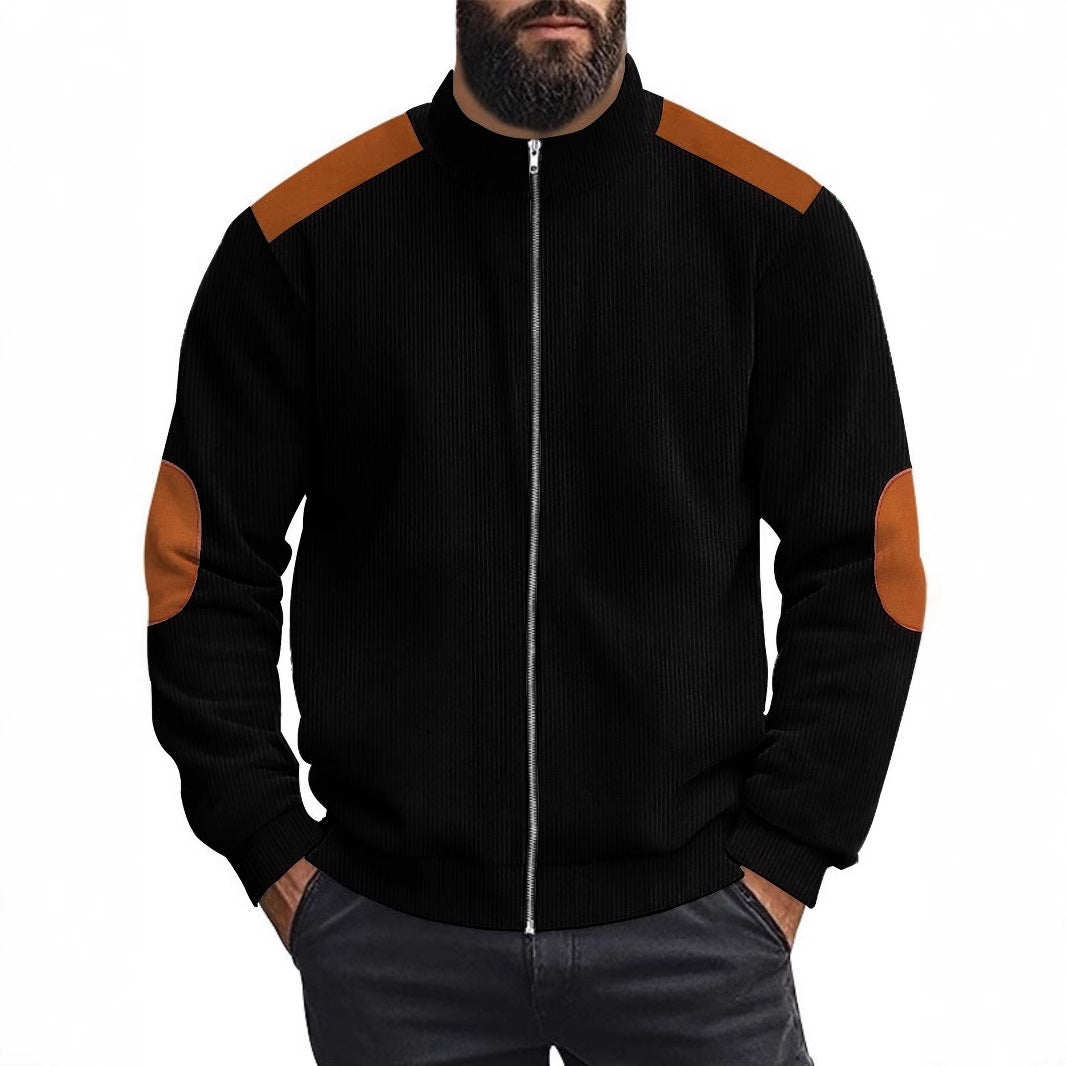 Herren Strickjacke Lederakzente Modern Kragen Hoch