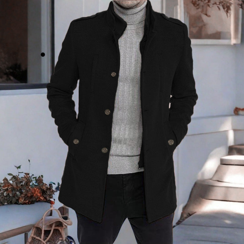 Herren Mantel Stehkragen Freizeit Elegant Schwarz
