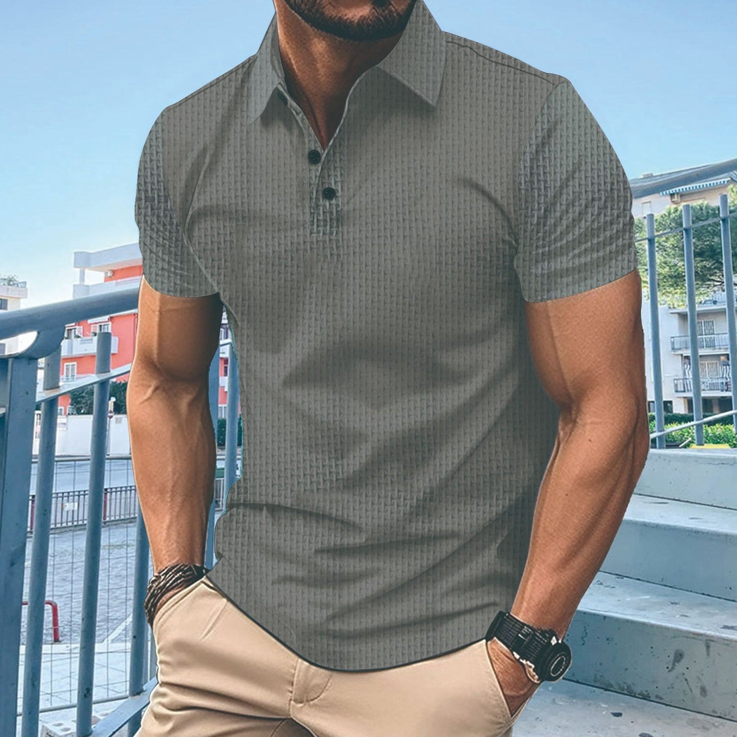 Herren T-Shirt Kurzarm Modern mit Knöpfen und Struktur