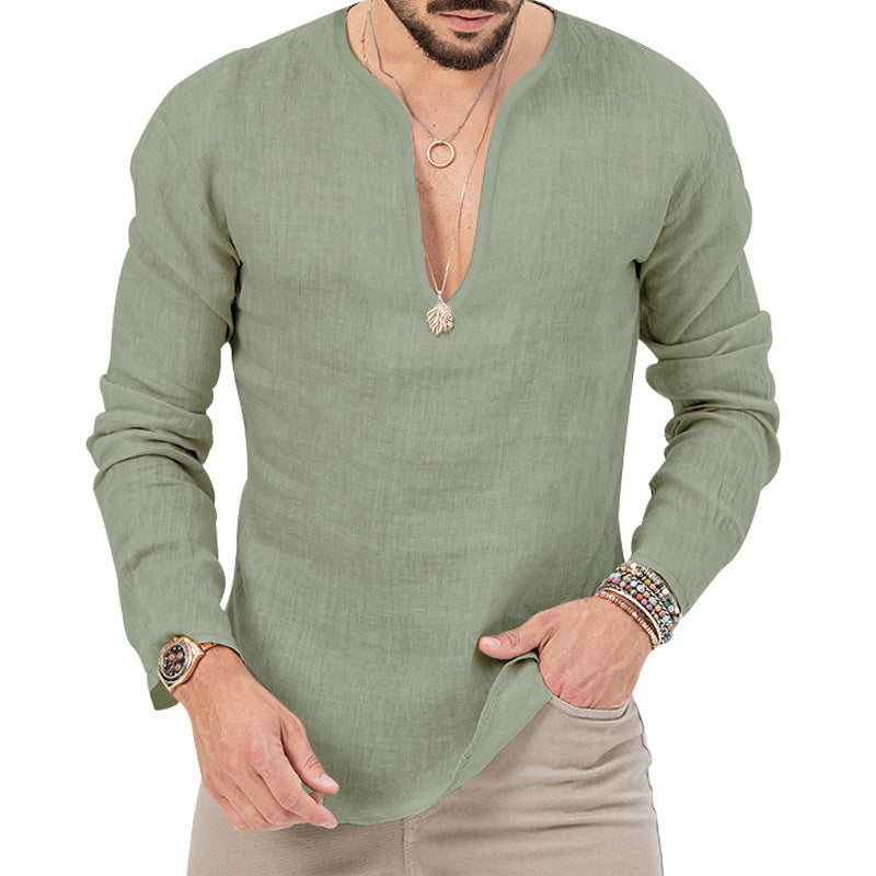 Leinen-Hemd Herren Baumwolle Relaxed Fit V-Ausschnitt
