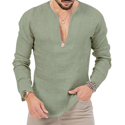 Leinen-Hemd Herren Baumwolle Relaxed Fit V-Ausschnitt