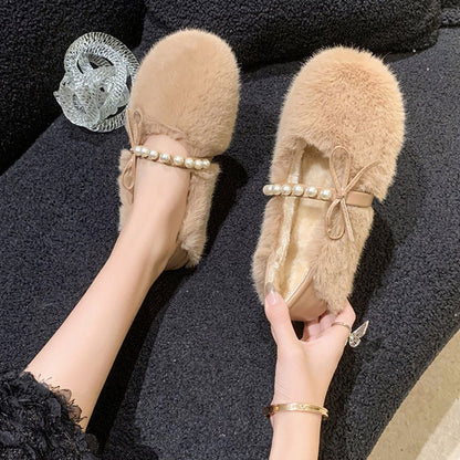 Damen Mokassins Flauschig mit Perlen Riemen Wintermode