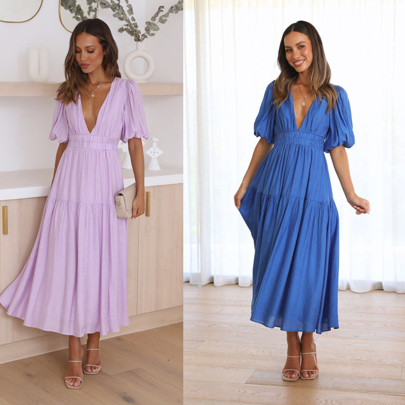 Damen Maxikleid V-Ausschnitt Schwingrock Partykleid Lang - BerlinGlamour