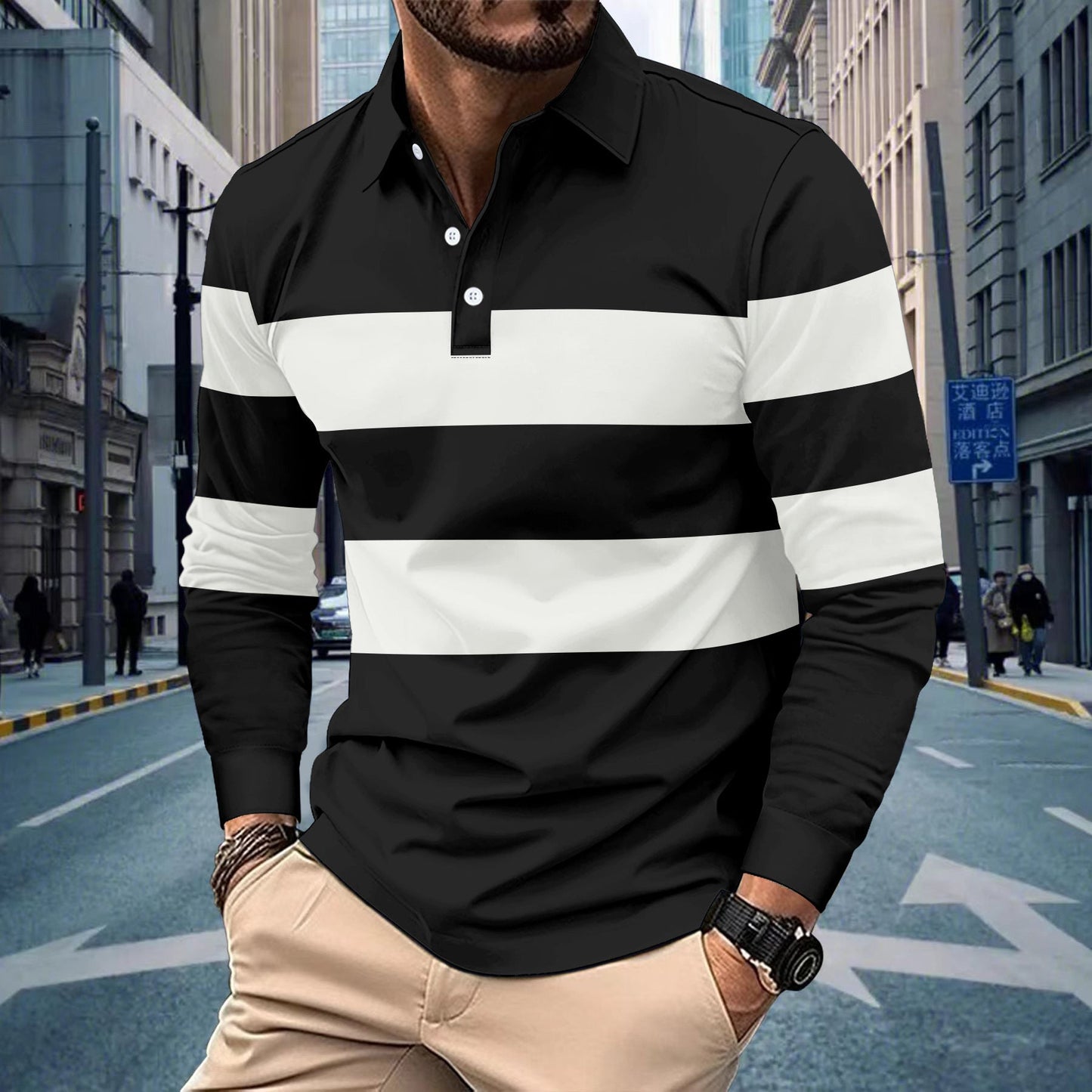 Herren Poloshirt Langarm Streifen Modern Sportlich - BerlinGlamour