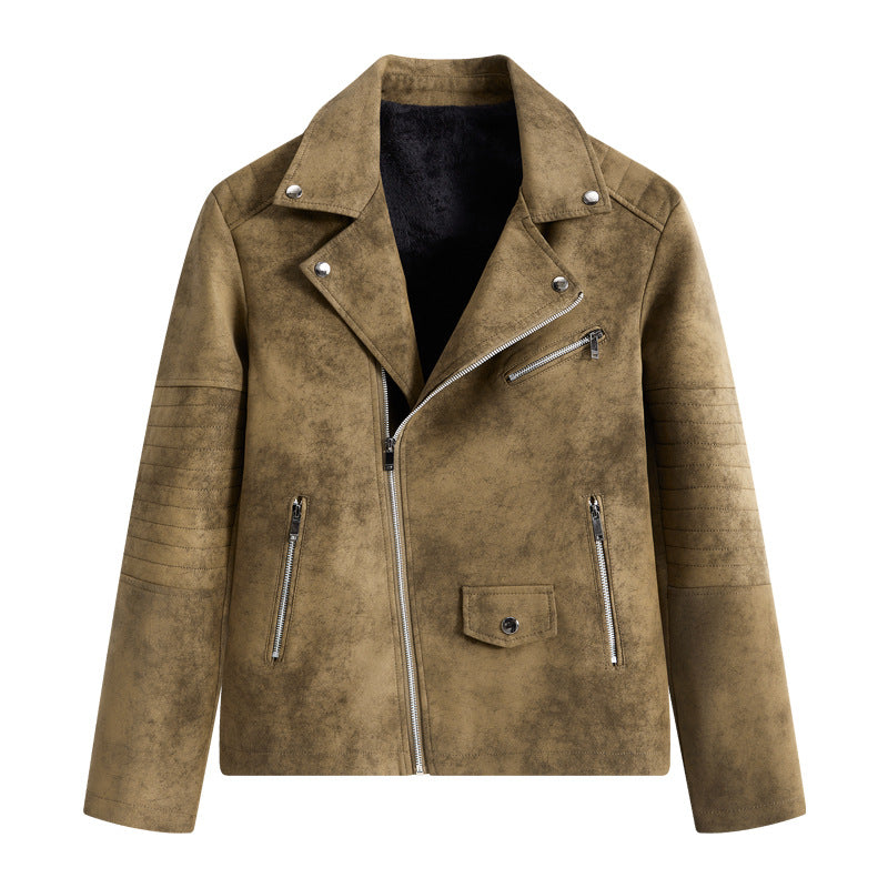 Herren Lederjacke Biker Style Reißverschluss Taschen Schwarz