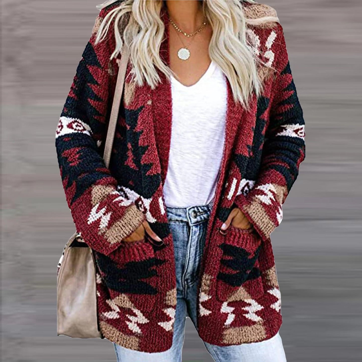 Damen Strickjacke Ethno-Stil Lässig Mit Taschen