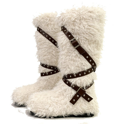 Damen Winterstiefel Flauschig mit Schnallen Schwarz