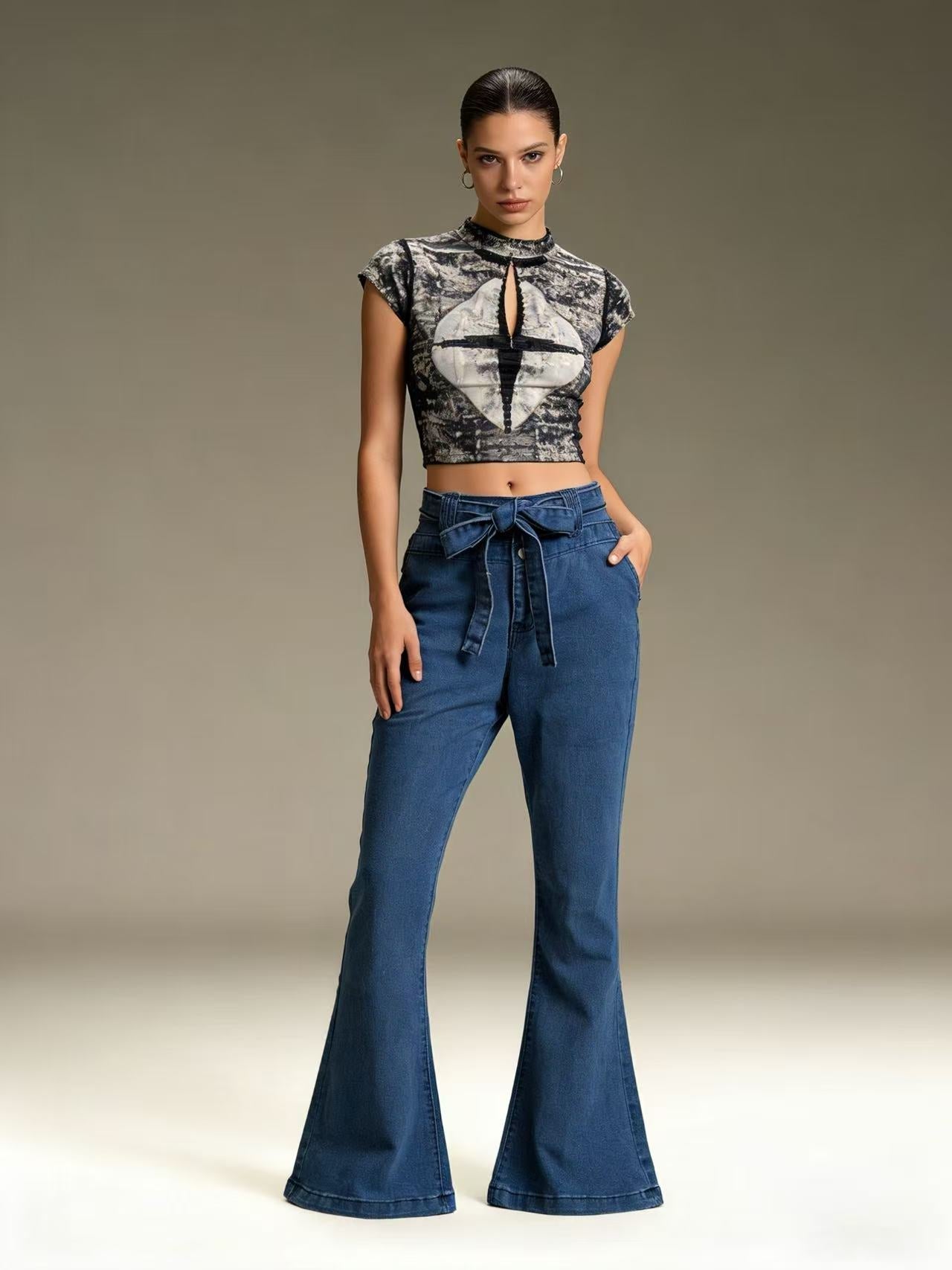 Damen Jeans Hoher Bund Stretch Flared Bequem