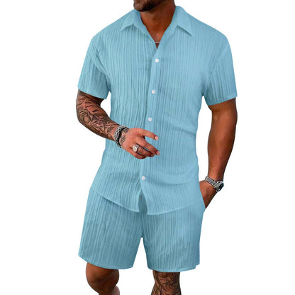 Herren Kurzarm-Hemd-Set mit Shorts und Struktur-Design Sommer