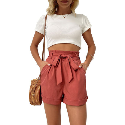 Damen Hose Kurz Lockig mit Bindegürtel Sommer