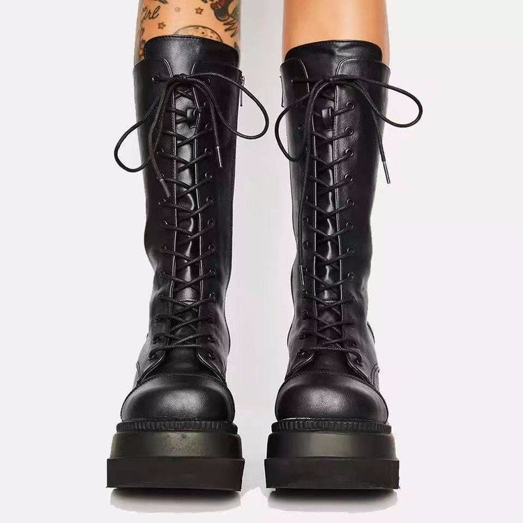 Damen Schnürstiefel Urban Style Stabiler Sohle Schwarz