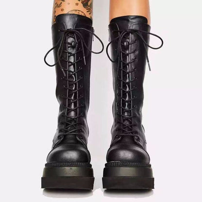 Damen Schnürstiefel Urban Style Stabiler Sohle Schwarz