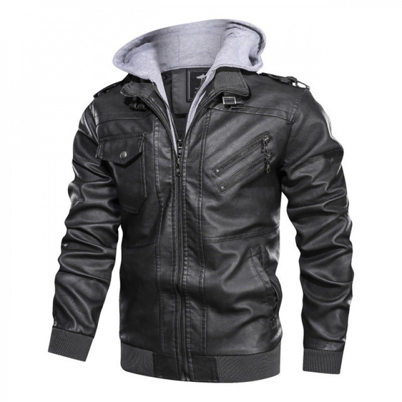 Lederjacke Herren Biker-Stil Modern Kapuze Abnehmbar