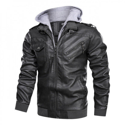 Lederjacke Herren Biker-Stil Modern Kapuze Abnehmbar