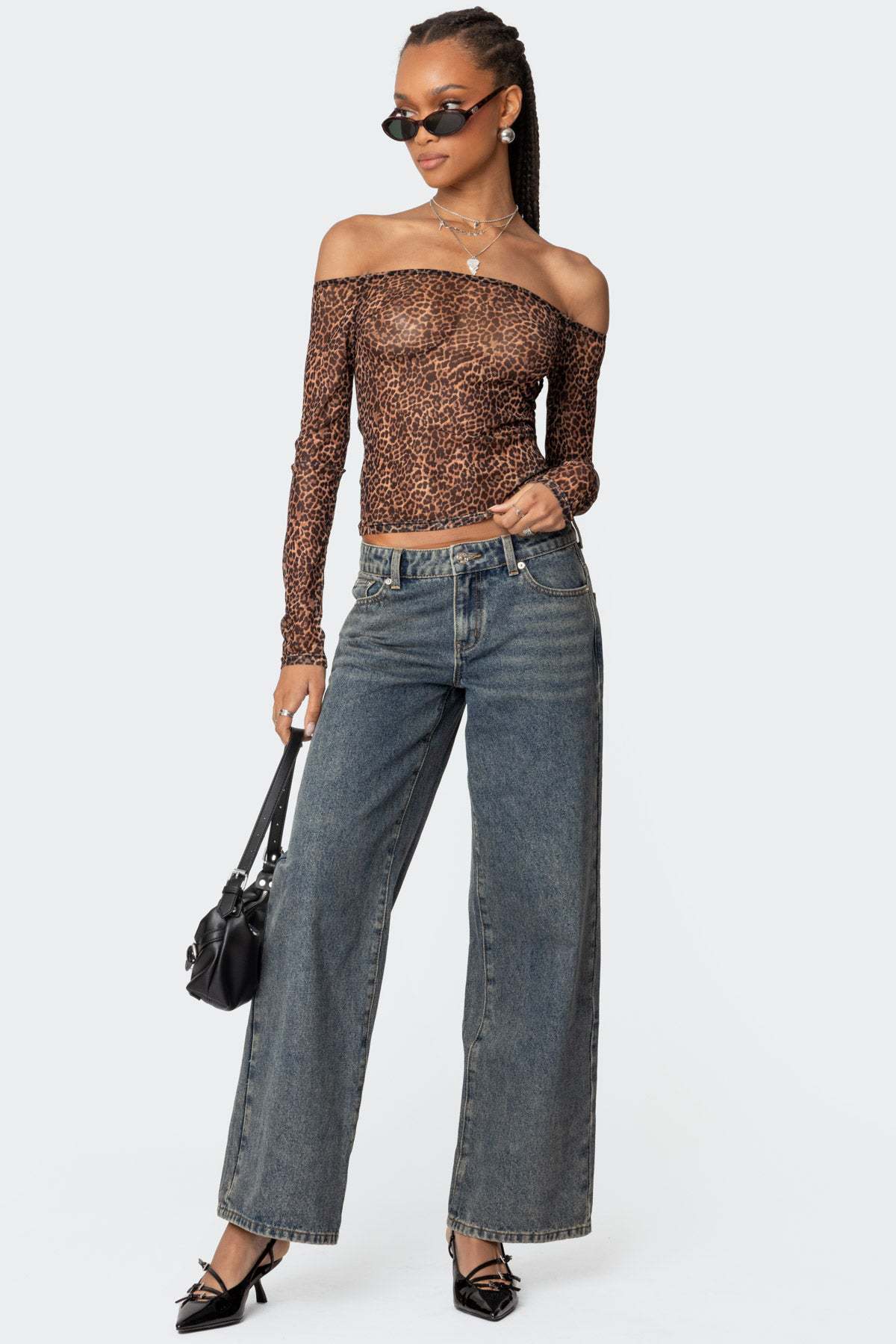 Damen Leoparden-Shirt Langarm Off-Shoulder Trendy