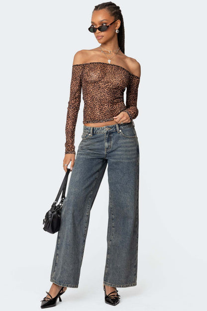 Damen Leoparden-Shirt Langarm Off-Shoulder Trendy
