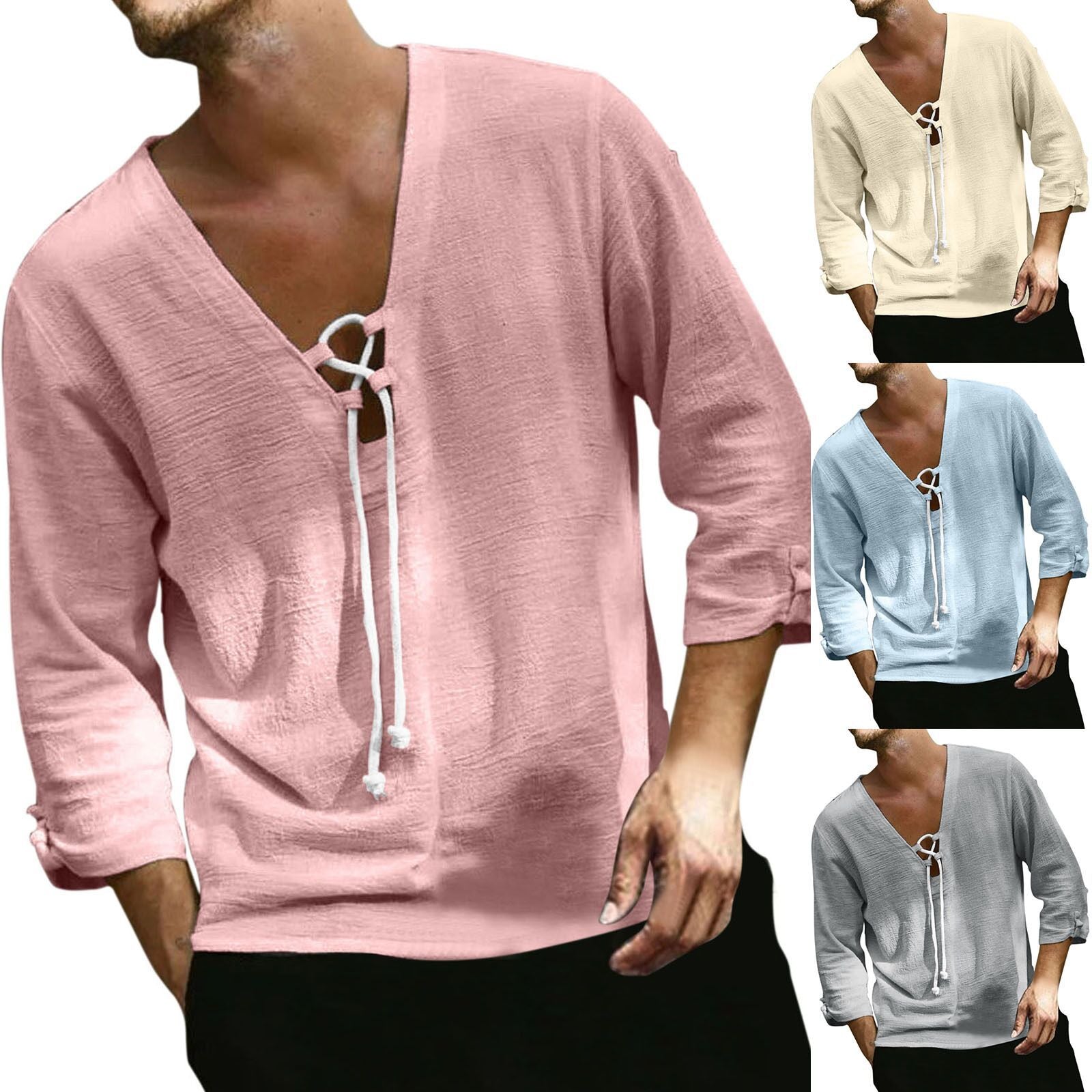 Herren Langarmhemd V-Ausschnitt Schnürung Modern Style - BerlinGlamour