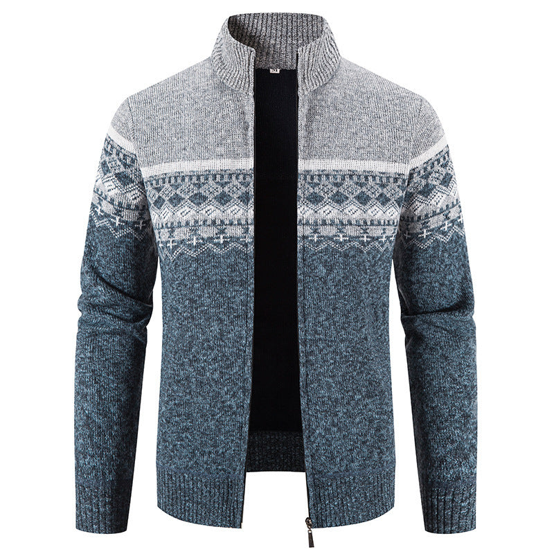 Herren Strickjacke Norwegermuster Stehkragen Modern