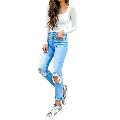 Skinny Jeans Damen Hochtaillierte Ripped Jeans Trendy