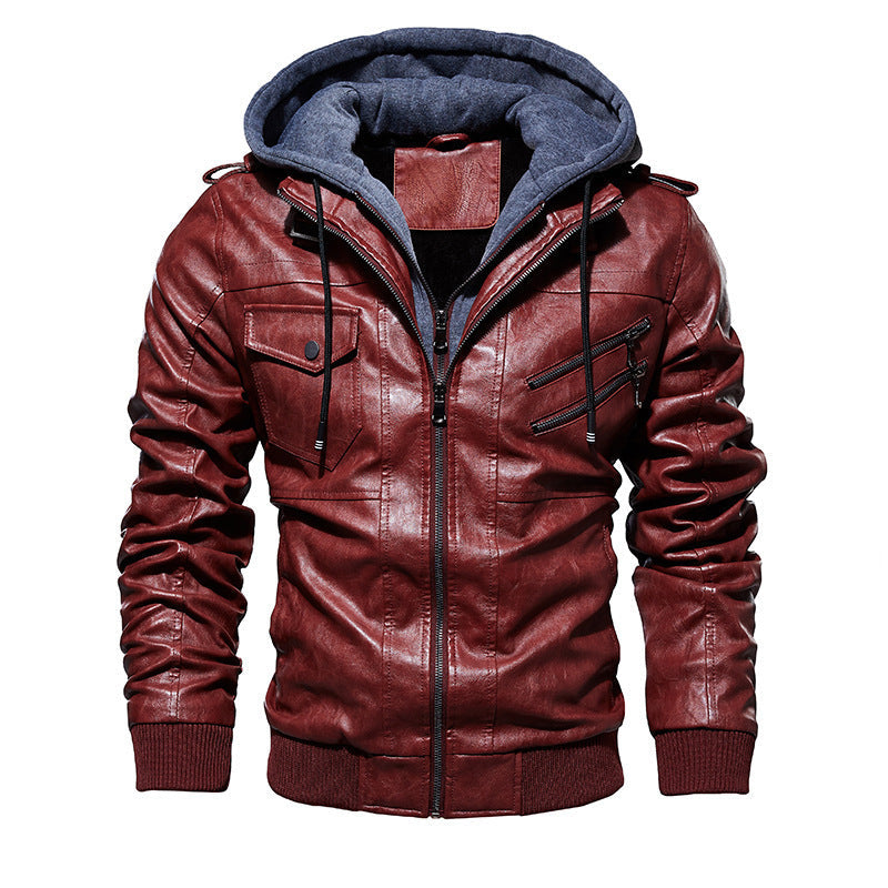 Herren Lederjacke Lässig Mit Kapuze Viel Taschen