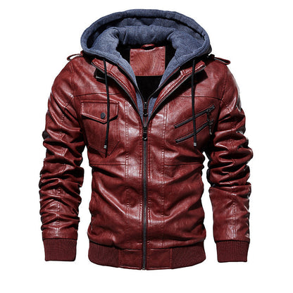 Herren Lederjacke Lässig Mit Kapuze Viel Taschen