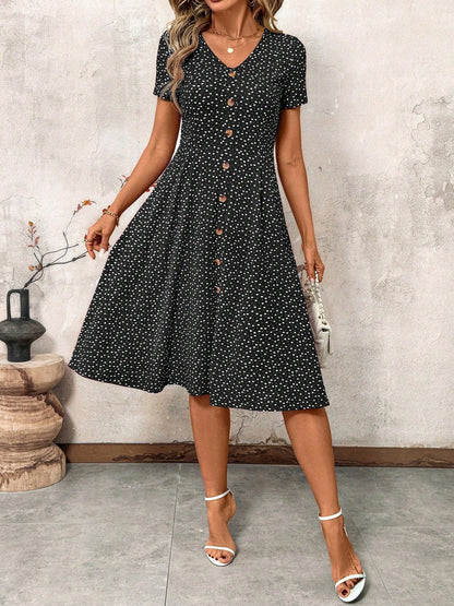 Knielanges Damenkleid V-Ausschnitt Dekorativ Knöpfe Elegant