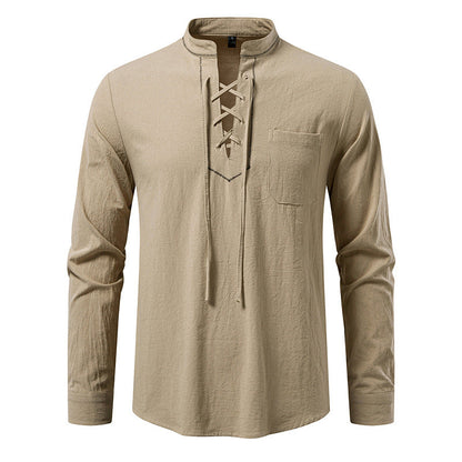Herren Langarmshirt Modern Stehkragen Schnüren