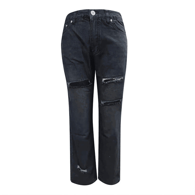 Damen High-Waist Ripped Jeans Mit Fransen und Lochdetails