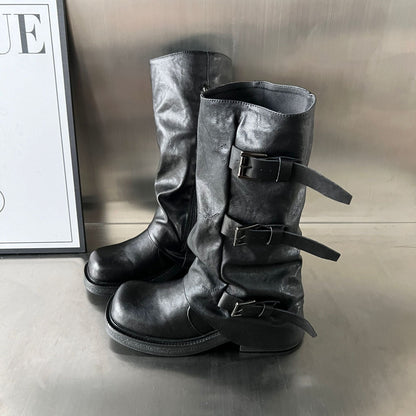 Damen Biker-Stiefel Robust Schnallen-Design Schwarz