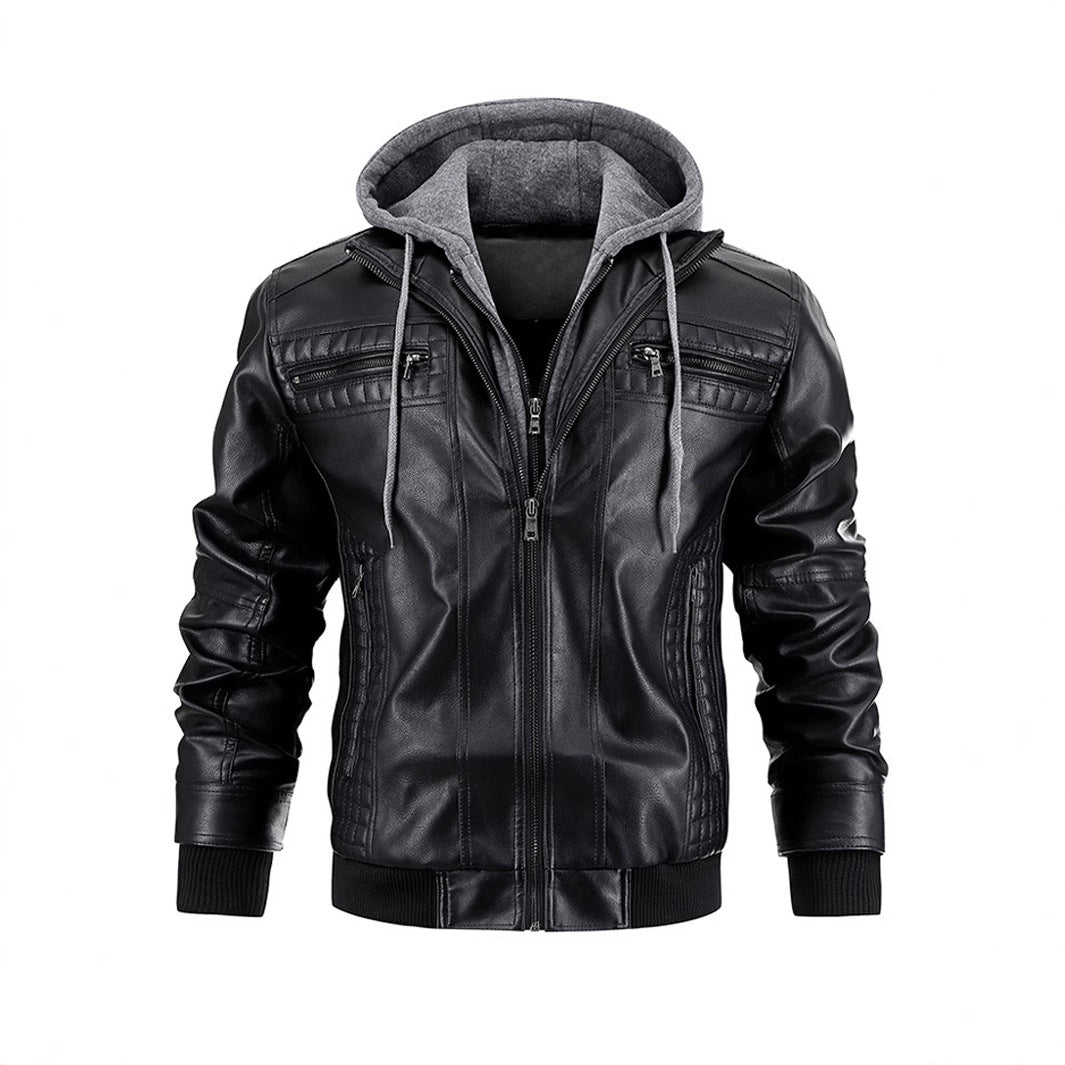 Lederjacke Herren Modern mit abnehmbarem Kapuzenfutter Schwarz