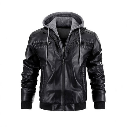 Lederjacke Herren Modern mit abnehmbarem Kapuzenfutter Schwarz