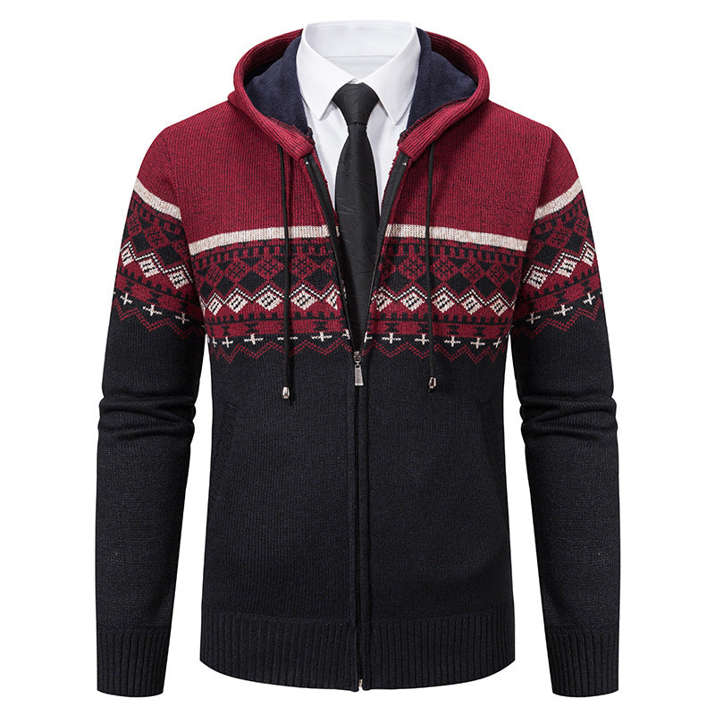 Herren Strickjacke Kapuze Jacquard Muster Modern