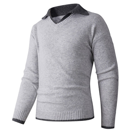 Herren Pullover V-Ausschnitt Hochwertig Kontrastkragen Modern