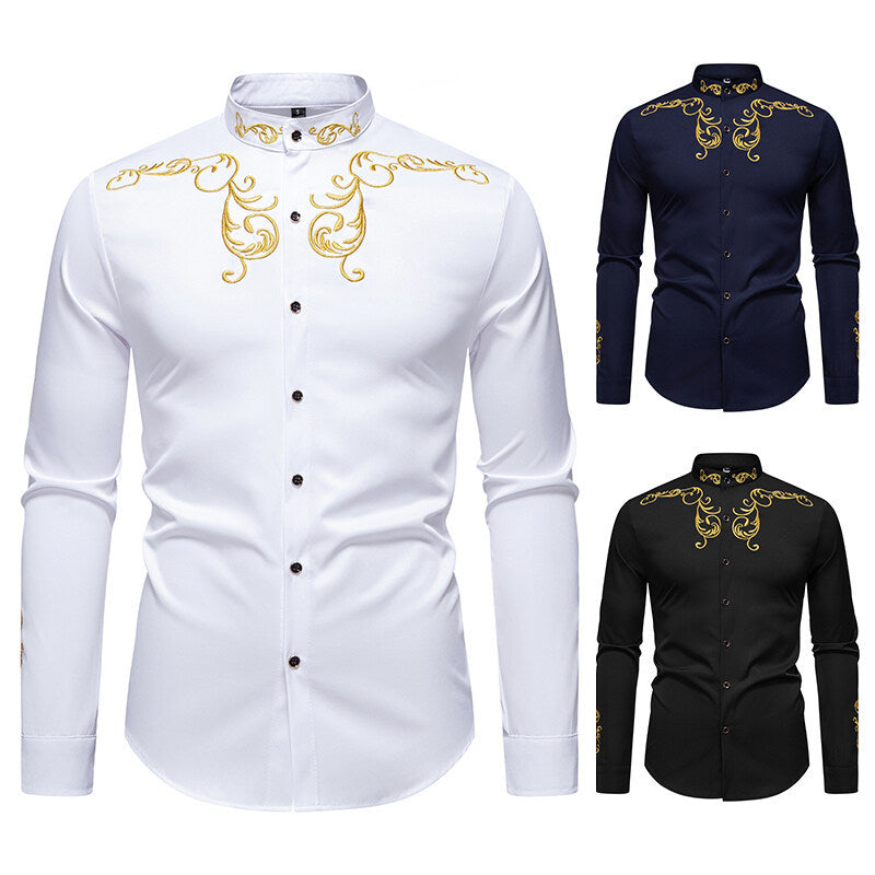 Herren Hemd Langarm Modern mit Stickerei und Slim Fit Kragen - BerlinGlamour