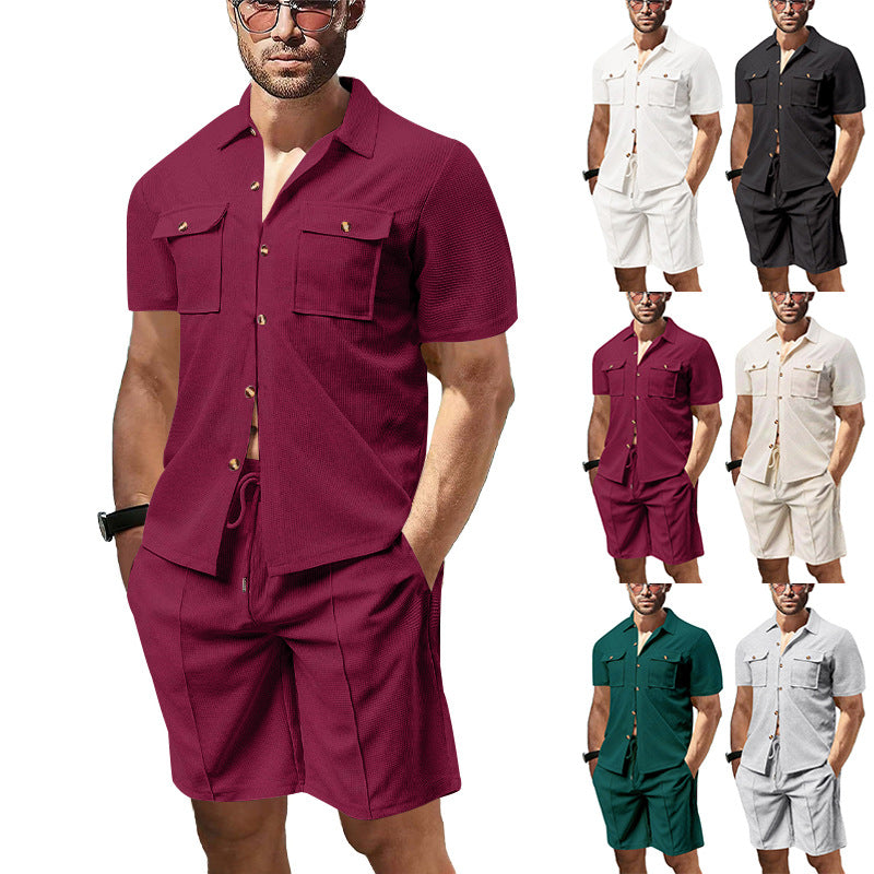 Herren Kurzarm Hemd mit Taschen und Shorts Sommer Set
