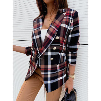 Damen Blazer Karierter Doppelreiher Elegant Modern
