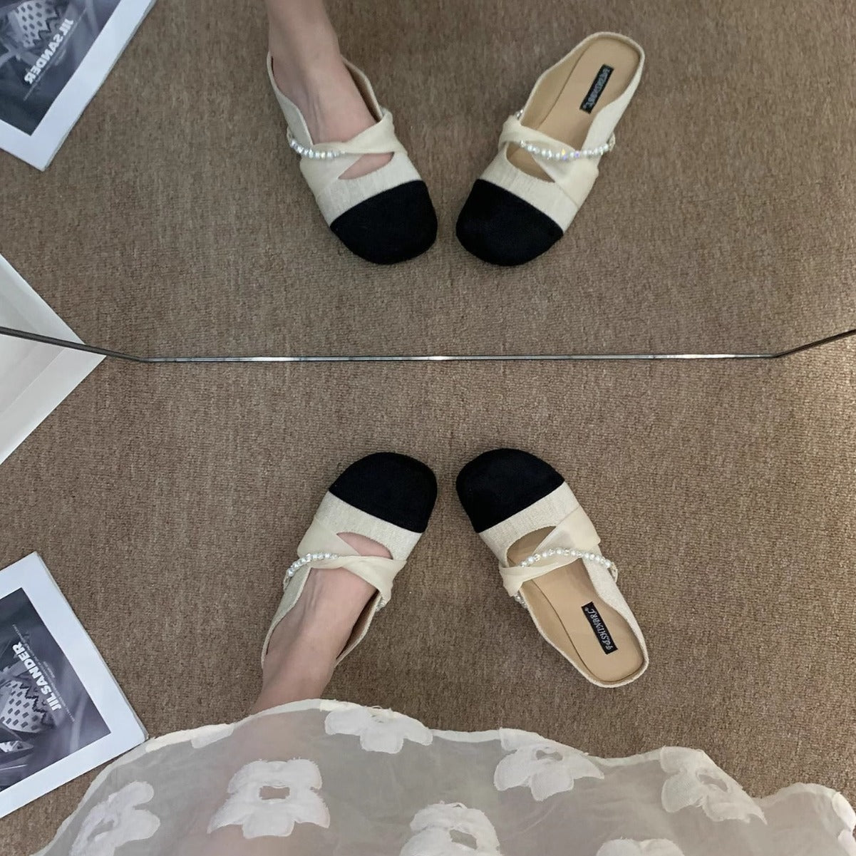 Damen Ballerina Schuhe Elegante Perlen Pantoletten
