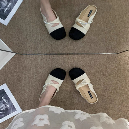 Damen Ballerina Schuhe Elegante Perlen Pantoletten