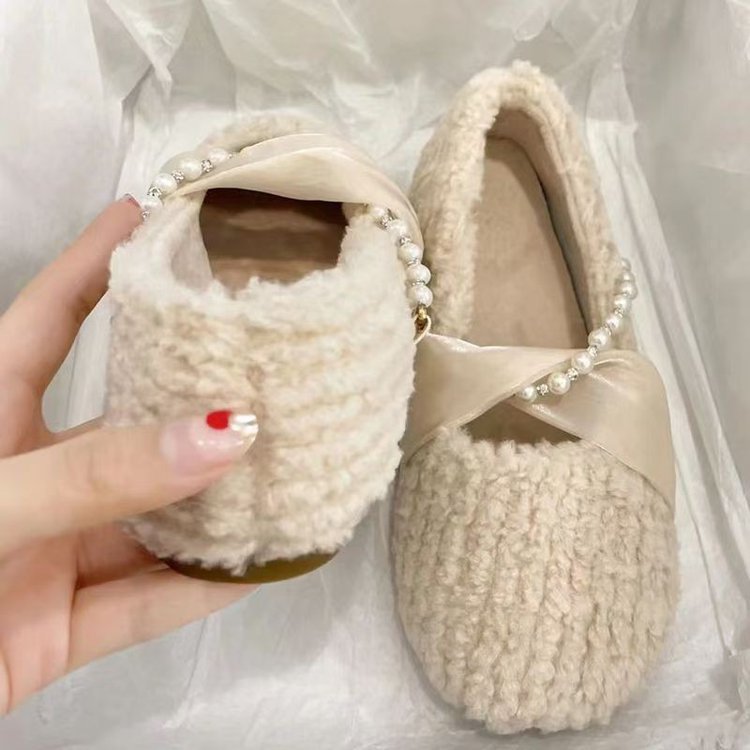 Damen Pantoffeln Flauschig Weich mit Perlenverzierung