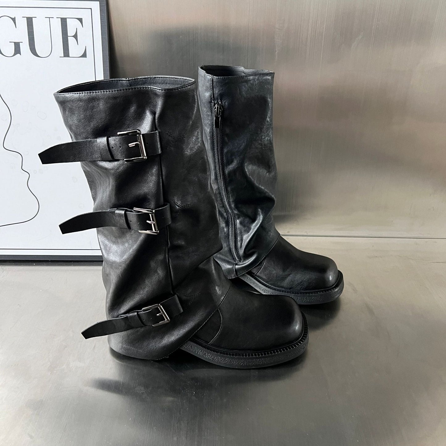 Damen Biker-Stiefel Robust Schnallen-Design Schwarz
