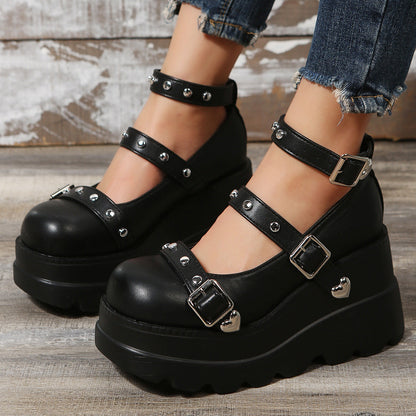 Damen Plateau Pantoletten Modisch Schnalle Nieten Damenschuhe - BerlinGlamour
