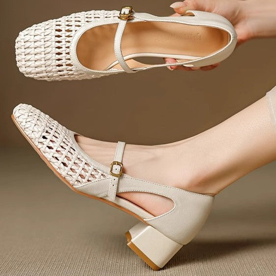 Damen Pumps Elegante Mary Jane Schuhe mit Geflecht Blockabsatz