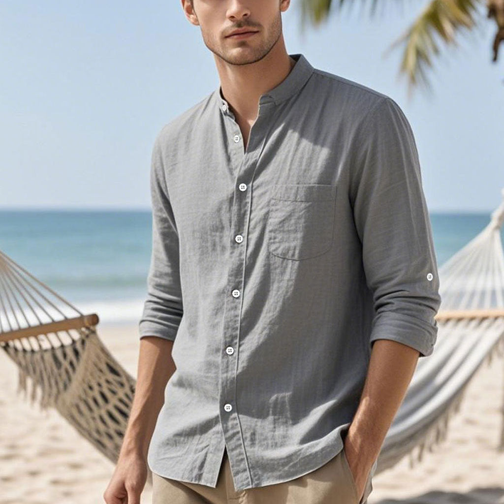 Herren Hemd Henley Stil Strukturiert Baumwolle Elegant